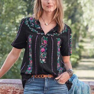 Sundance Dalilah Floral Embroidered Swiss Dot Blouse Black